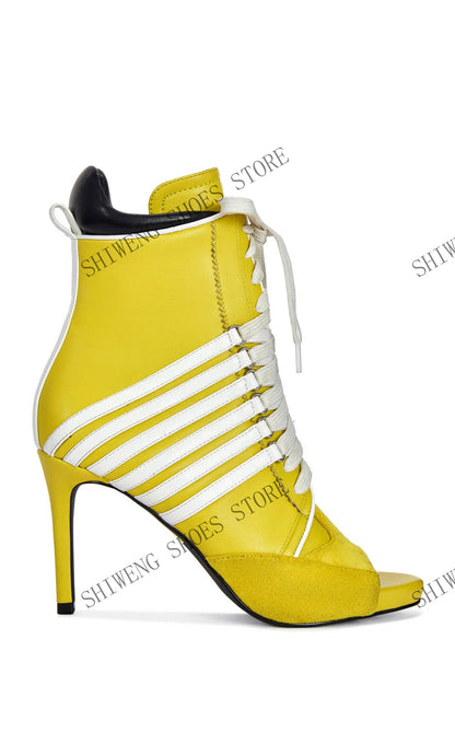 2026 Women's  Ankle Boots Patchwork Thin High Heels Short Boots Lace up Handmade Ladies Shoes Woman Large Size 44
