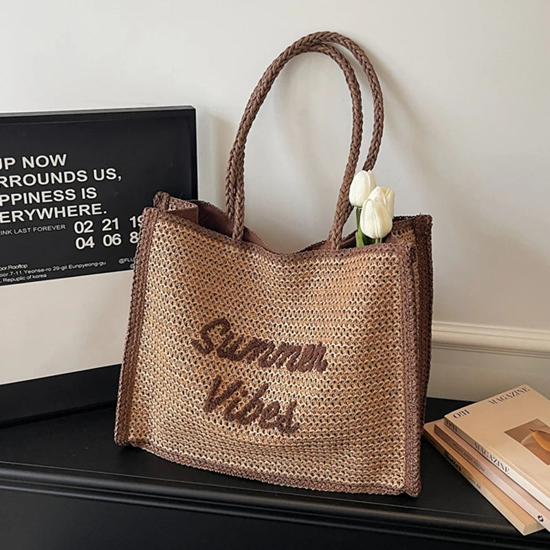 Large Capacity Women Tote Bag 2026 New Fashion Hand-made Straw Bag Female Shoulder Handbag Causal Commuter Bags for Ladies