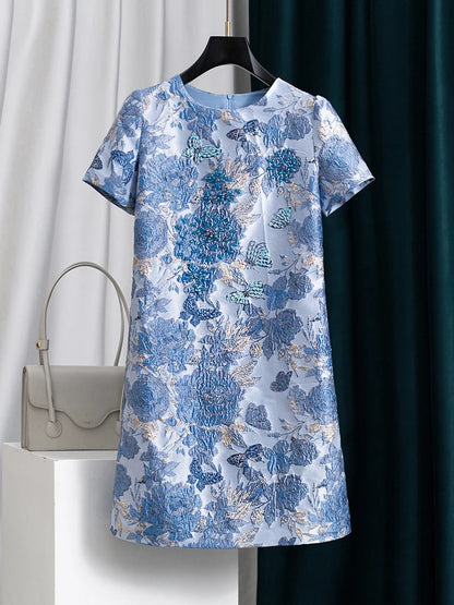 Women Blue Jacquard Beaded Dress Short Sleeve Round Neck a Line Elegant Slim Fit Summer Party Fashion Luxury Midi Dress