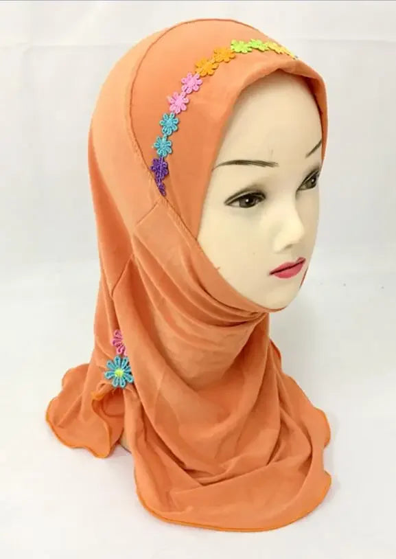 Girls Kids Muslim Beautiful Hijab Islamic Arab Scarf Shawls Flower Pattern