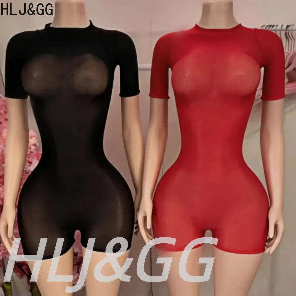 HLJ&GG Sexy See Though Stretchy Bodycon One Piece Rompers Women Round Neck Short Sleeve Slim Jumpsuits Hot Girl Nightclub Wear