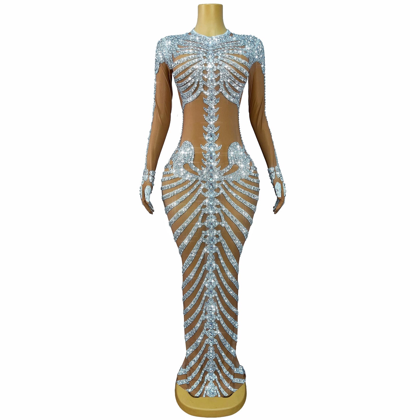 Fashion Skeleton Pattern Designed Shining Rhinestones Mesh Dress Women Halloween Party Celebrate Show Stage Outfit Kulouwang