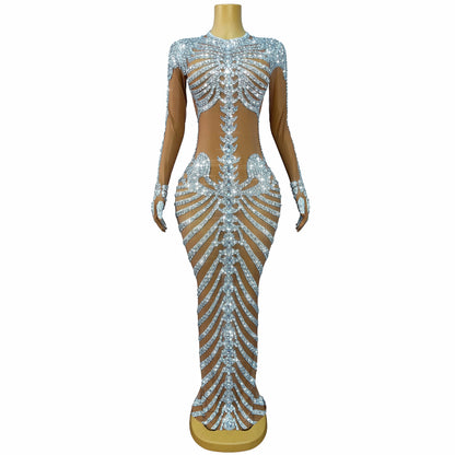 Fashion Skeleton Pattern Designed Shining Rhinestones Mesh Dress Women Halloween Party Celebrate Show Stage Outfit Kulouwang
