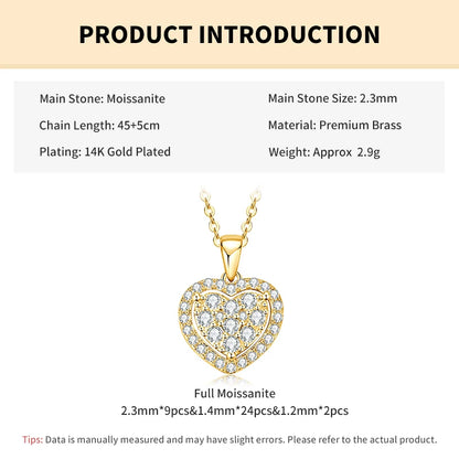 Rrjzz Full Moissanite Heart Shaped Pendant Necklace for Women D-Color Halo Round Imitation Diamond Elegant Necklace Jewelry Gift