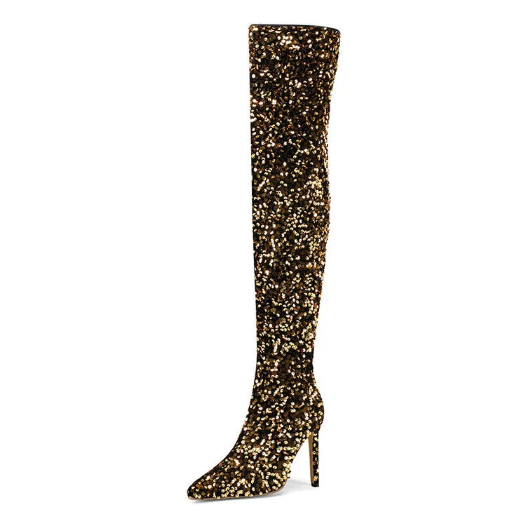 Over-the-Knee Boots for Women Pink Sequins Point Toe Boots Thin High-heeled Purple Thigh Long Boots Sexy Zip Heels Stiletto Shoe