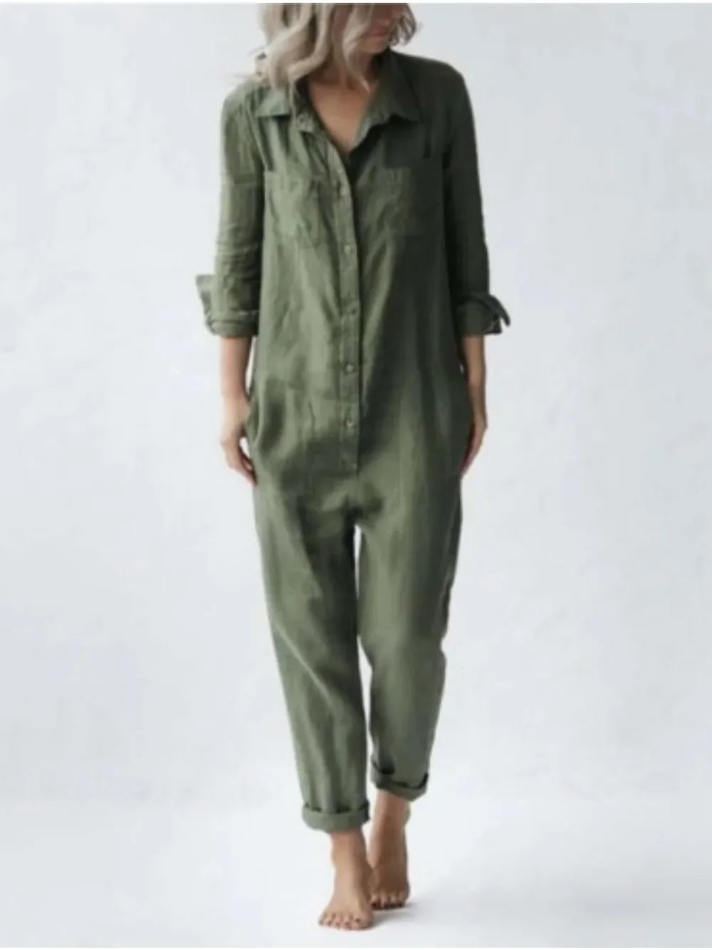 Cotton Jumpsuit Women Sexy Vintage Romper Long Pants Slim Bodycon Jumpsuits Long Sleeve Streetwear Green Y2k Casual Cargo Pants