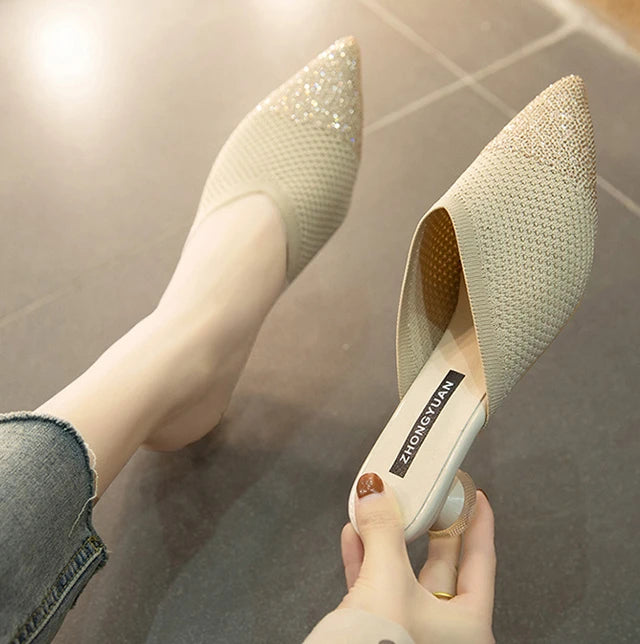 Elegant Medium Heel Women's Mules Shoes Women Designer Rhinestone Luxury Party Slippers Summer New 2025 Sandals Fashion Slipper