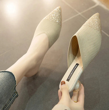 Elegant Medium Heel Women's Mules Shoes Women Designer Rhinestone Luxury Party Slippers Summer New 2025 Sandals Fashion Slipper