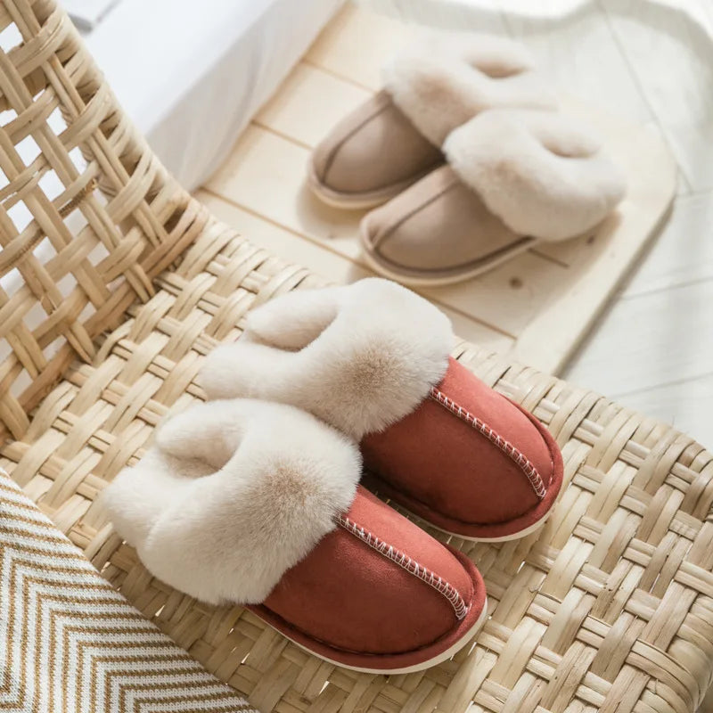 2025 Winter Warm Home Fur Slippers Women Luxury Faux Suede Plush Couple Cotton Shoes Indoor Bedroom Flat Heels Fluffy Slippers
