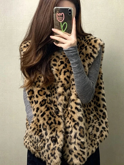 Faux Fur Y2K Leopard Vest Women Loose Vintage Winter Warm O Neck Streetwear Vests Casual Harajuku American Retro Lady Vest Coat