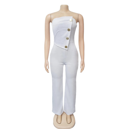 Sexy Backless Strapless Jumpsuit Summer Women Fashion Solid Button Sleeveless Slim Fit Wrap Hip Jumpsuits Elegant Office Romper