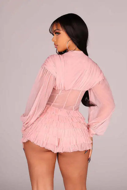 Boho Summer Mesh Casual Playsuit Sexy Women V-neck Elegant Night Club Ruffles Romper Overalls