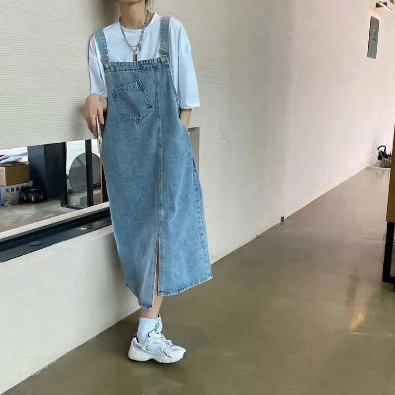 Korean style Denim Overall Dress Women Sleeveless Jeans Dresses Female Solid Slip Casual Loose Spaghetti Strap Dresses