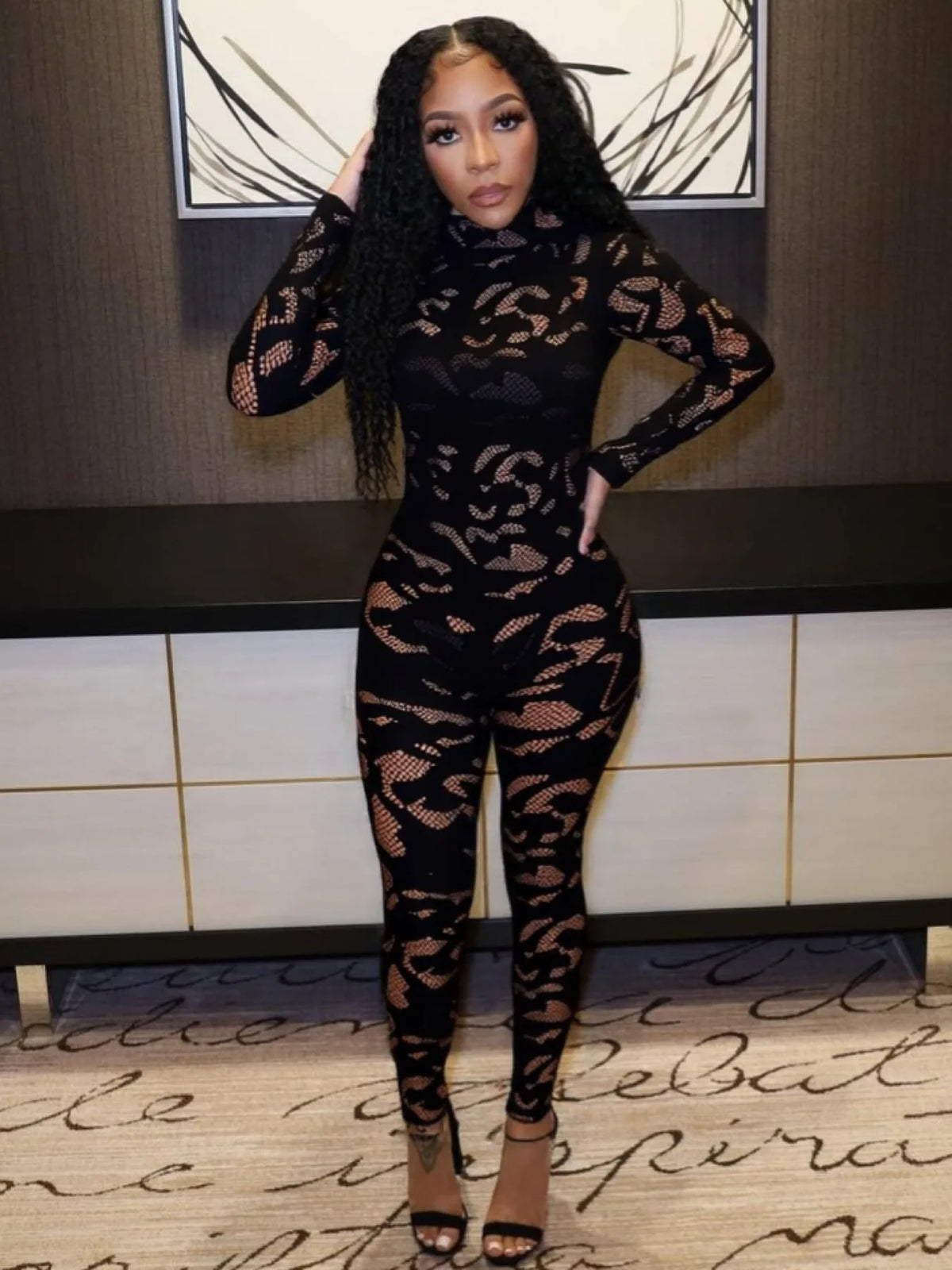 FAGADOER Sexy Lace See Through Patchwork Bodycon Jumpsuits for Woman Hollow-out Long Sleeves Rompers Female Streetwear Overalls