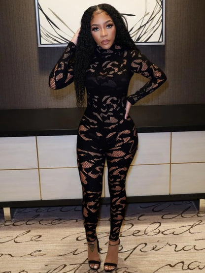 FAGADOER Sexy Lace See Through Patchwork Bodycon Jumpsuits for Woman Hollow-out Long Sleeves Rompers Female Streetwear Overalls