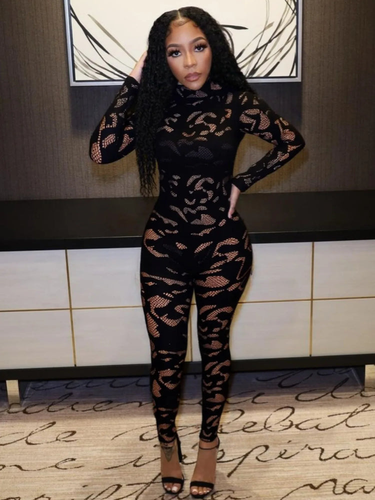 FAGADOER Sexy Lace See Through Patchwork Bodycon Jumpsuits for Woman Hollow-out Long Sleeves Rompers Female Streetwear Overalls