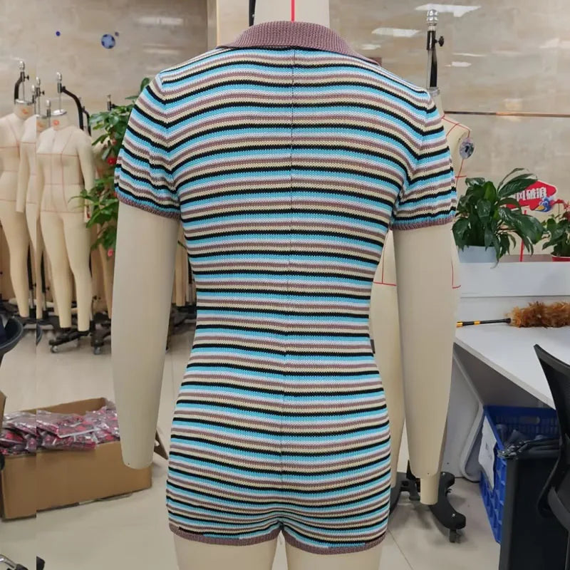 Women V-Neck Rompers Knitted Playsuit Stripe Buttons Turn Down Collar Short Jumpsuits Female Summer Casual Bodysuits Loungwear