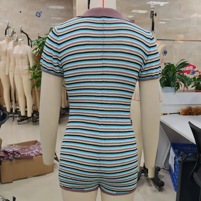 Women V-Neck Rompers Knitted Playsuit Stripe Buttons Turn Down Collar Short Jumpsuits Female Summer Casual Bodysuits Loungwear