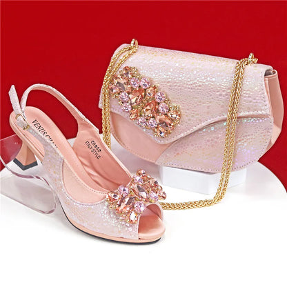 Elegant Orange Color 2025 Rhinestone High-Heels Shoes & Handbag Set – Luxury Wedding & Party Accessories