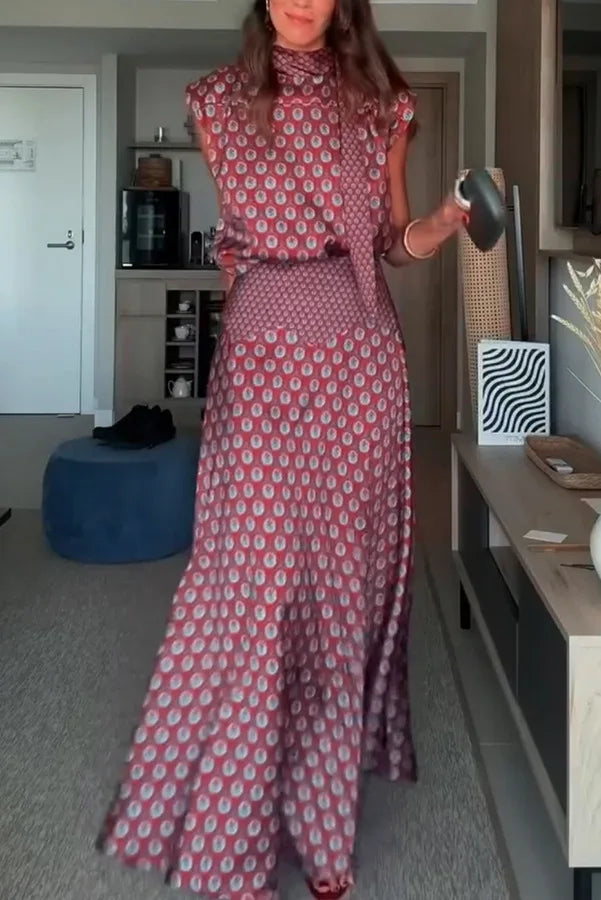 Vintage Printed Slim Office Commuting Suit Casual Loose Top+High Waisted Skirt 2pc Set Elegant Semi High Neck Sleeveless Outfit