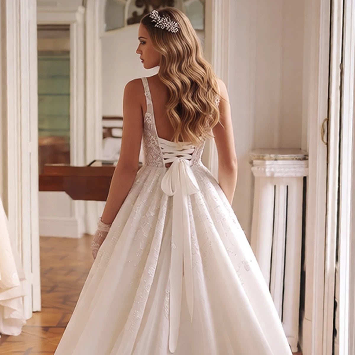 Elegant Tulle V Neck Lace Ball Gown Wedding Dresses For Bride Vestidos Novia Long Puffy Appliques Bridal Party Gown With Train