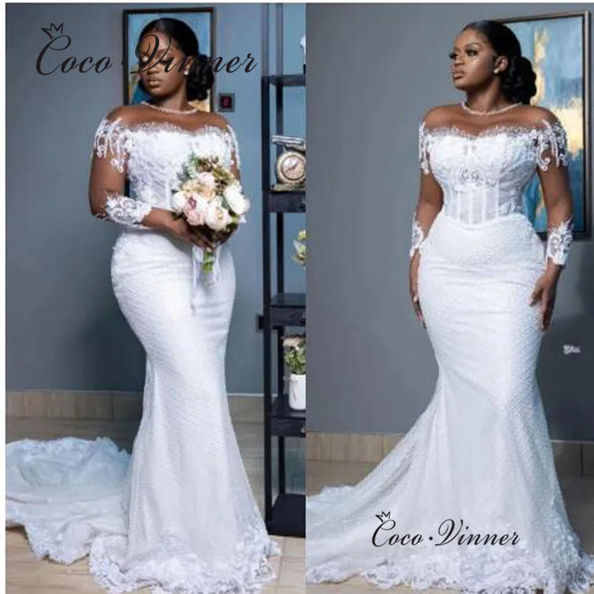 Customized Long Sleeves 2026 Mermaid Wedding Dresses For Bride Sheer Neck Elegant Bridal Gowns 2025 African Wedding Dress w1039