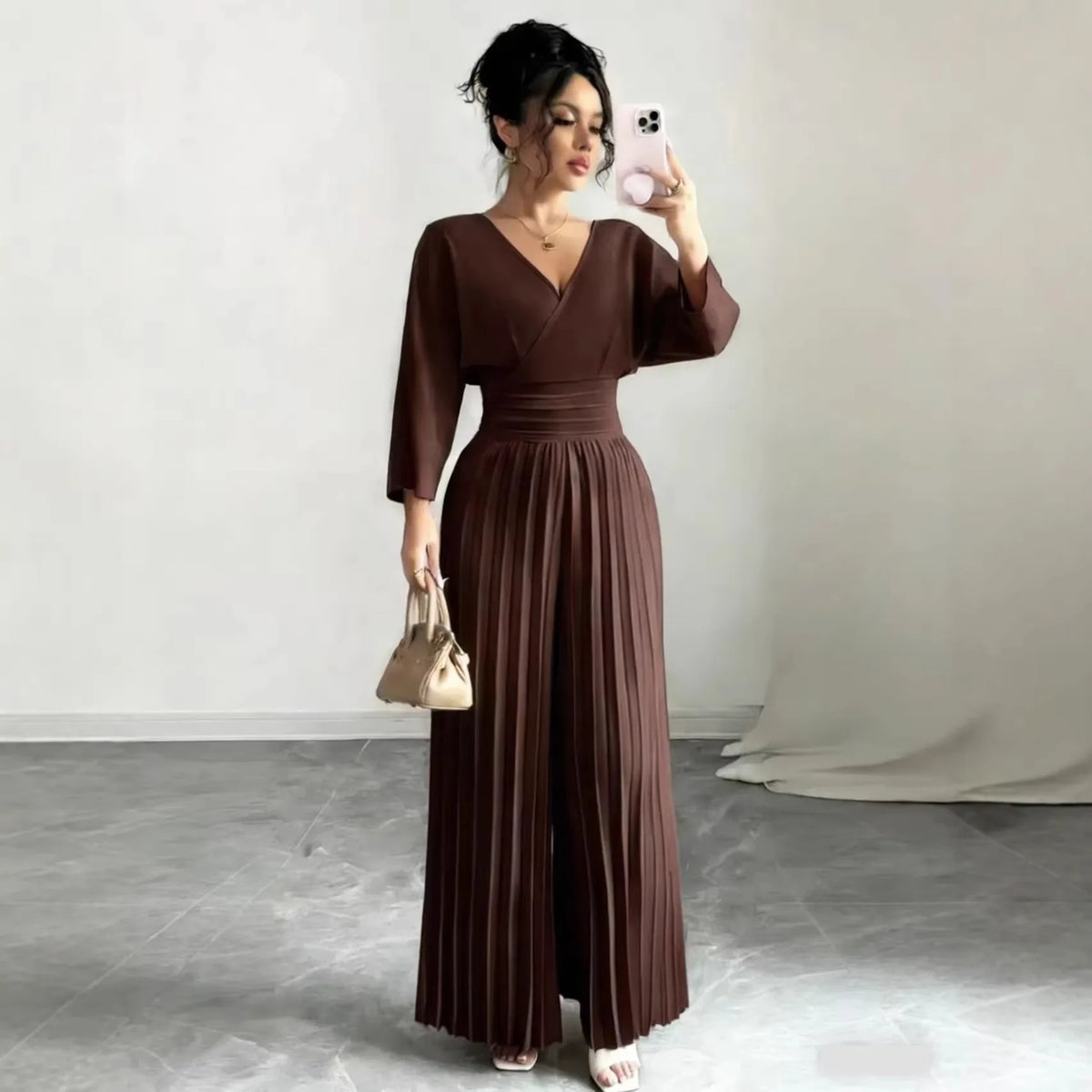 Pleated High Waist Wide Leg Capri Jumpsuits 2026 Trend V Neck Wrap Elegant Women's Palazzos White Three Quarter Long Romper