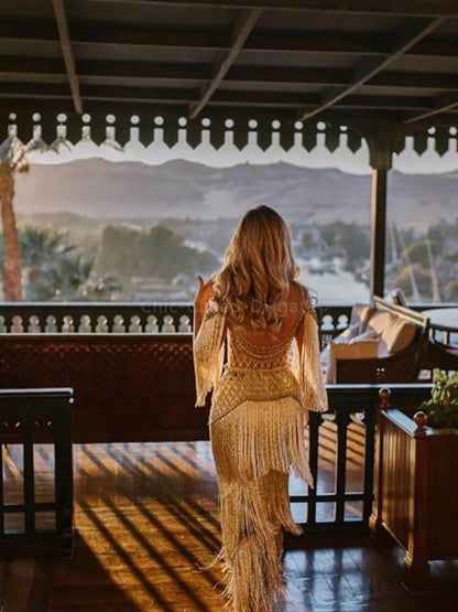 Golden Tiered Tassel Evening Dress Sexy Open Back Straight Prom Gown Customized Women Charming Luxurious Cocktail Formal Wear