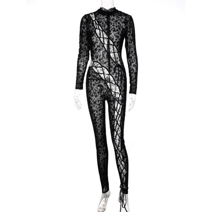 Skinny Hollow Out Cross Bandage Patchwork Jumpsuits Women Leopard Print Retro Fashion Sexy Cleavage Bodycon Party Clubwear Hot