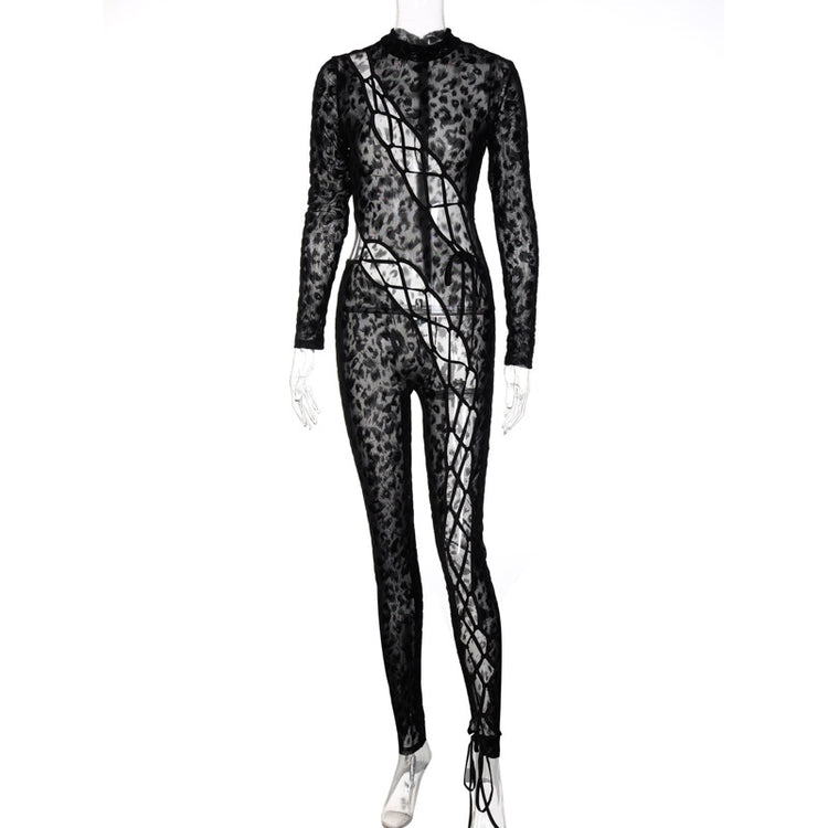 Skinny Hollow Out Cross Bandage Patchwork Jumpsuits Women Leopard Print Retro Fashion Sexy Cleavage Bodycon Party Clubwear Hot