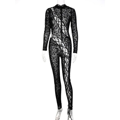 Skinny Hollow Out Cross Bandage Patchwork Jumpsuits Women Leopard Print Retro Fashion Sexy Cleavage Bodycon Party Clubwear Hot