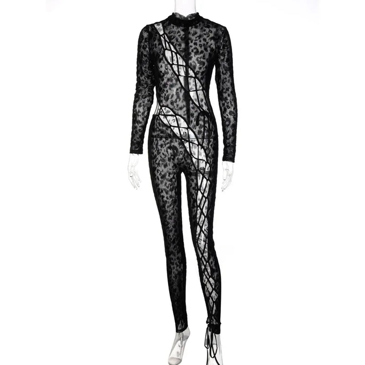 Skinny Hollow Out Cross Bandage Patchwork Jumpsuits Women Leopard Print Retro Fashion Sexy Cleavage Bodycon Party Clubwear Hot