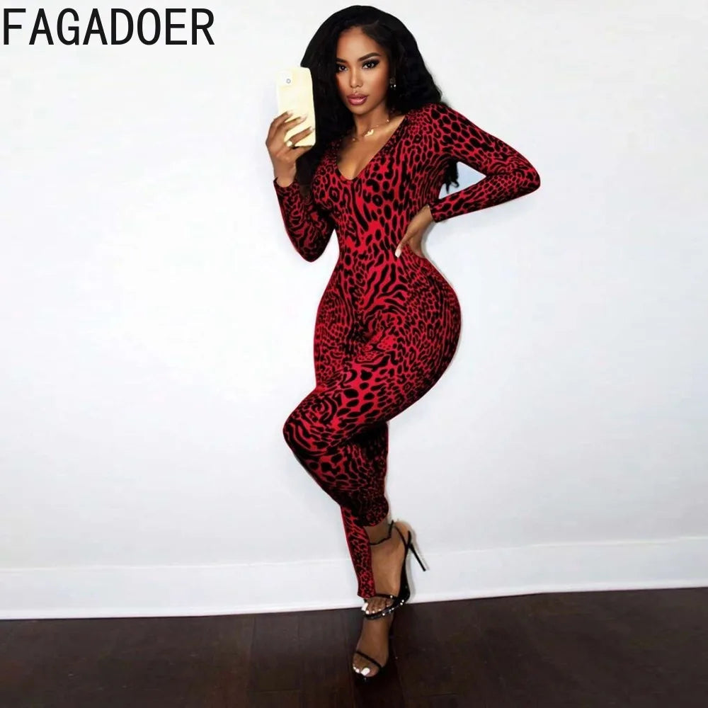 FAGADOER Fashion Leopard Printting Patchwork Bodycon Jumpsuits Woman Low-cut Long Sleeves Rompers Female Streetwear Overalls New