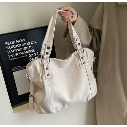 Ladies Large Capacity Brand Handbag Pu Leather Women's Retro Tote Bag Korean Fashion Shoulder Bag Winter White Zipper Handbag