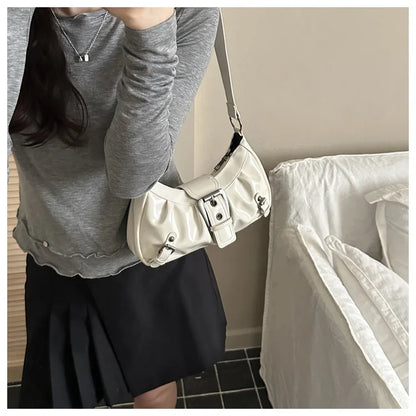 Fashion Pleated Lock Design Women's PU Shoulder Bags Simple Solid Color Ladies Underarm Bag Portable Cool Girls Phone Handbag