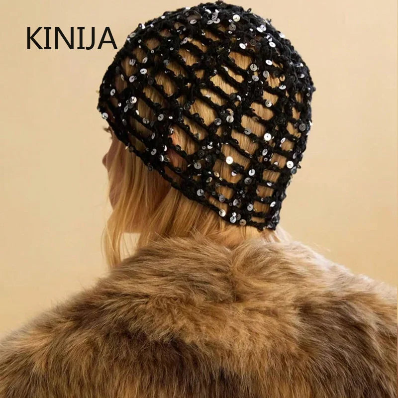 Fashion Vintage Sequined Hollow Pullover Hats Women Spring Summer Travel Photo Atmosphere Versatile Y2K Knit Beanie Hat Girl