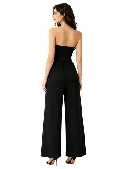 Women Strapless Jumpsuit Bandeau Elastic Bodice Sheer Floral Lace Patchwork Wide Leg Romper for Beach Vacation Party