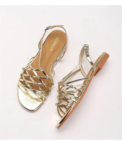 ZAROY Luxury Gold Gladiator Flat Sandals Woman Summer Narrow Band Open Toe Roman Shoes Casual Strap Sandalia Zapatos босон