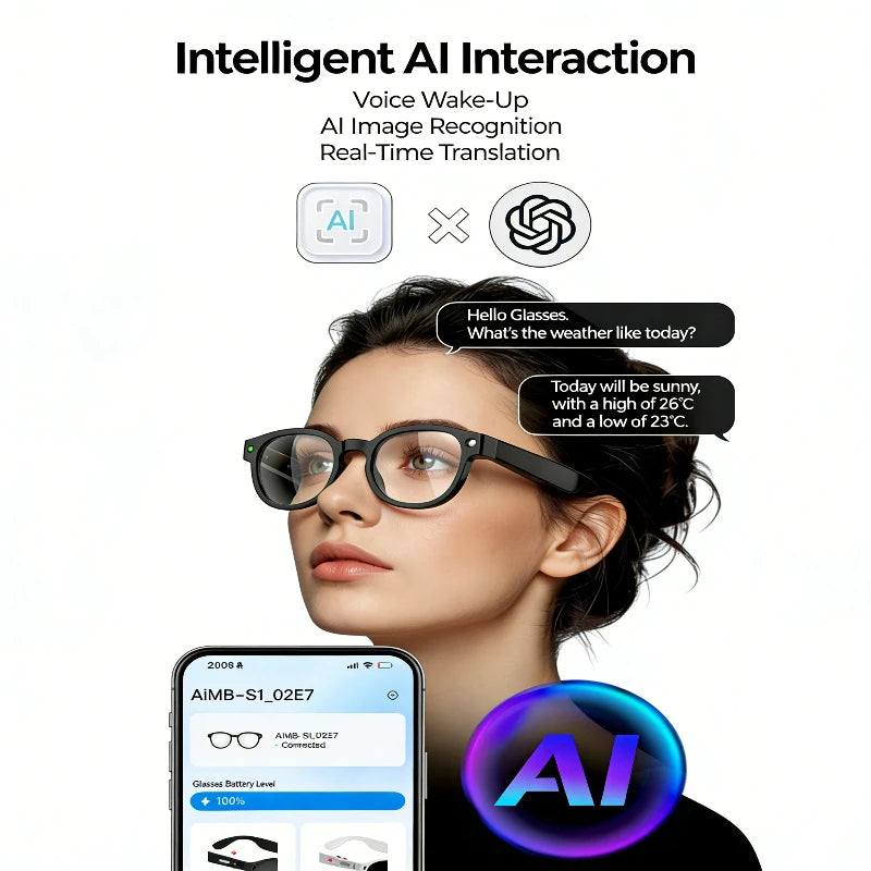 Smart Glasses 2MP Video Camera Multifunctional AI Translation Conversation Recording Music Control Wifi Transmission 2026