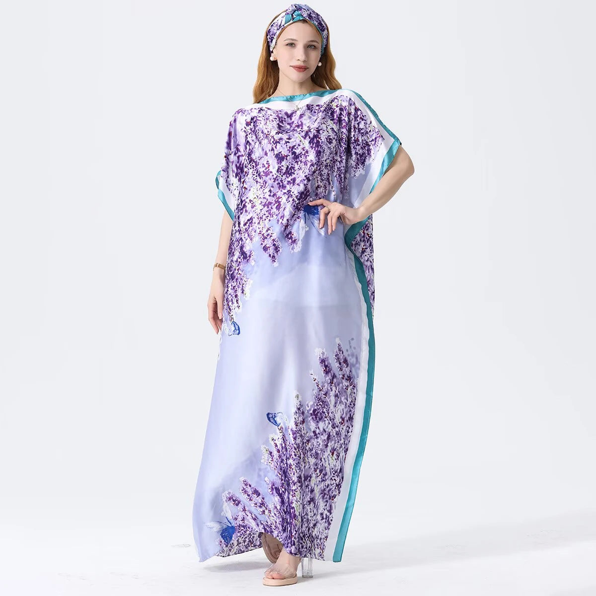 1 piece, colorful floral satin long dress, women's loose long dress, with the same color headscarf, fashionable beach robe