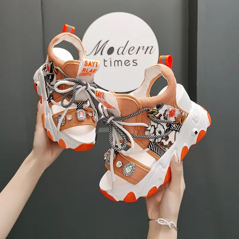 Maogu Mixed Color Shoes Sports Wedge White Sandals Women High Heel Beach Casual Shoe Leisure Lady Platform Chunky Sandals