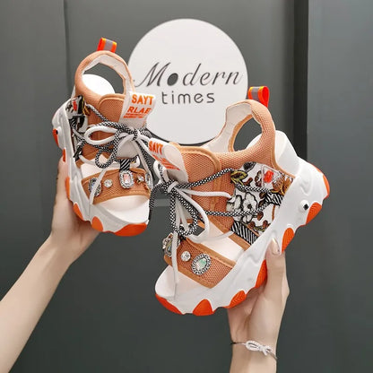 Maogu Mixed Color Shoes Sports Wedge White Sandals Women High Heel Beach Casual Shoe Leisure Lady Platform Chunky Sandals
