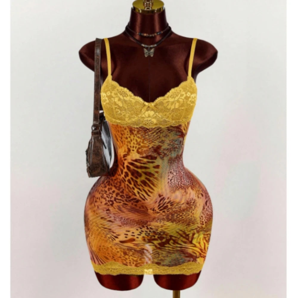 HLJ&GG Sexy Leopard Print Lace Spaghetti Strap Bodycon Mini Dresses Women Sleeveless Backless Slim Vestidos Summer New Clothing