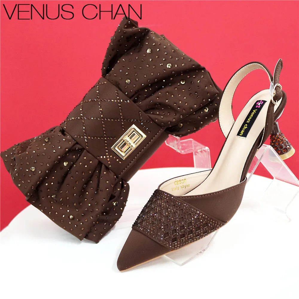 Nigerian Women Heel Party Ladies Italian Design Shoes And Bags Set Decorated with Rhinestone Handbag Wedding Party