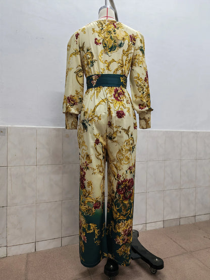 Women's Vintage Print Jumpsuits Fashion Sexy V-neck High Waist Leace-up Wide Legs Jumpsuit Lady Commuting Clothing 2026 New