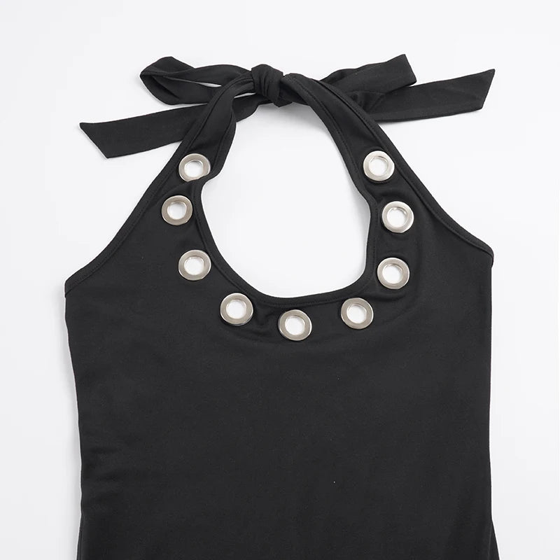 Women's Sleek Black Halter Jumpsuits With Eyelet Detailing Form-Fitting Capri Length Design Chic And Minimalist Summer Outfits