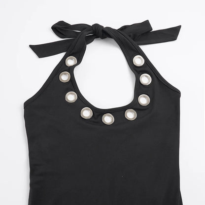 Women's Sleek Black Halter Jumpsuits With Eyelet Detailing Form-Fitting Capri Length Design Chic And Minimalist Summer Outfits
