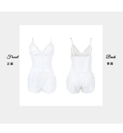 Women's Ribbed Lace Camisole Shorts Pajama Set Summer Breathe Sleeveless Sleepwear 2 Piece Set Female Soft Elastic Homewear