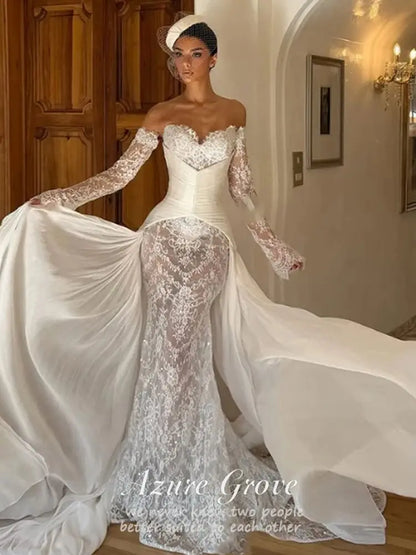 Azure Customized Sweetheart Neck Lace Wedding Dress Lace Mermaid Luxury Wedding Dresses Bridal Gowns Off Shoulder Detachable
