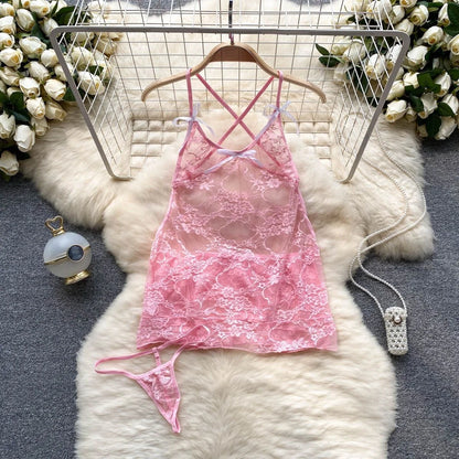 Coquette Lace Lingerie Set Sexy Mesh Bodysuit Valentines Day Sleepwear Gothic Strappy Catsuit Intimate Nightwear Romper